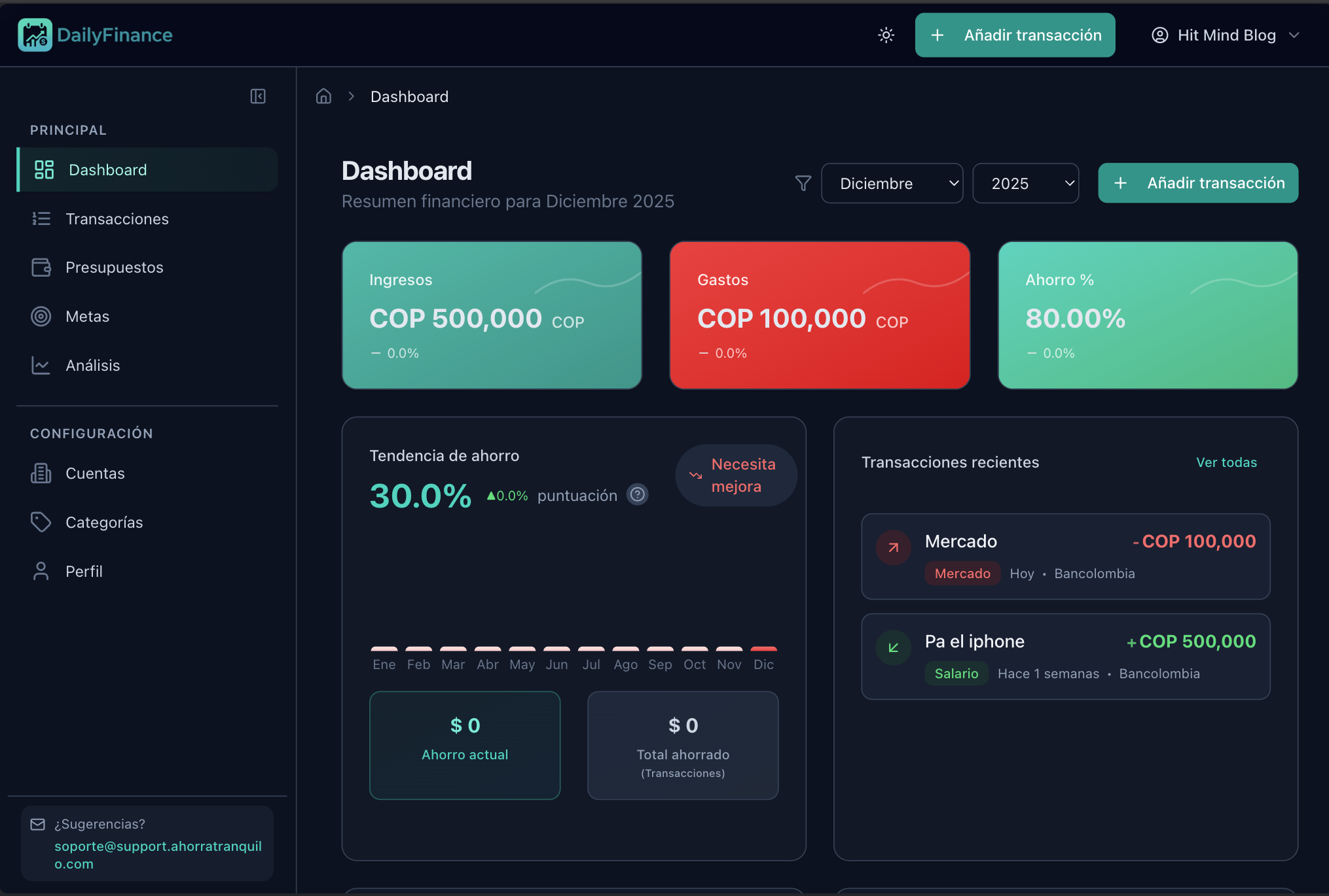 Vista previa de Ahorra Tranquilo Dashboard