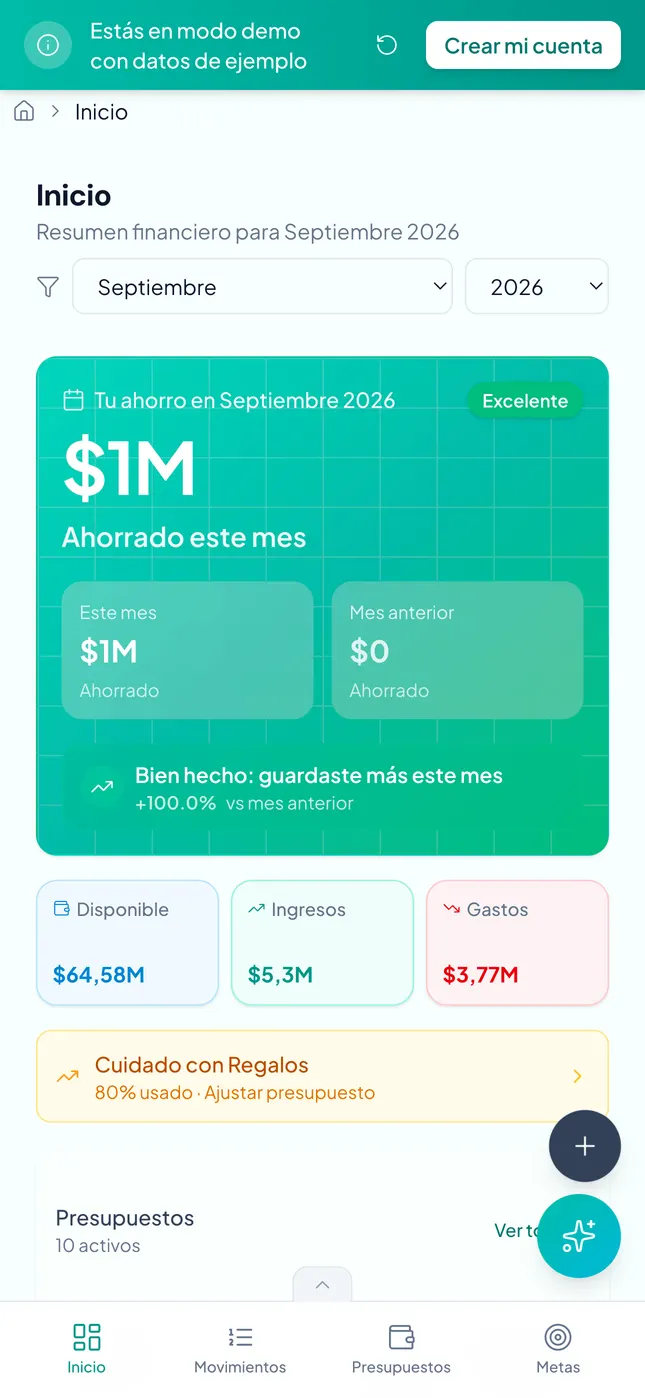 Panel de Ahorra Tranquilo con ahorro mensual, métricas y alerta de presupuesto