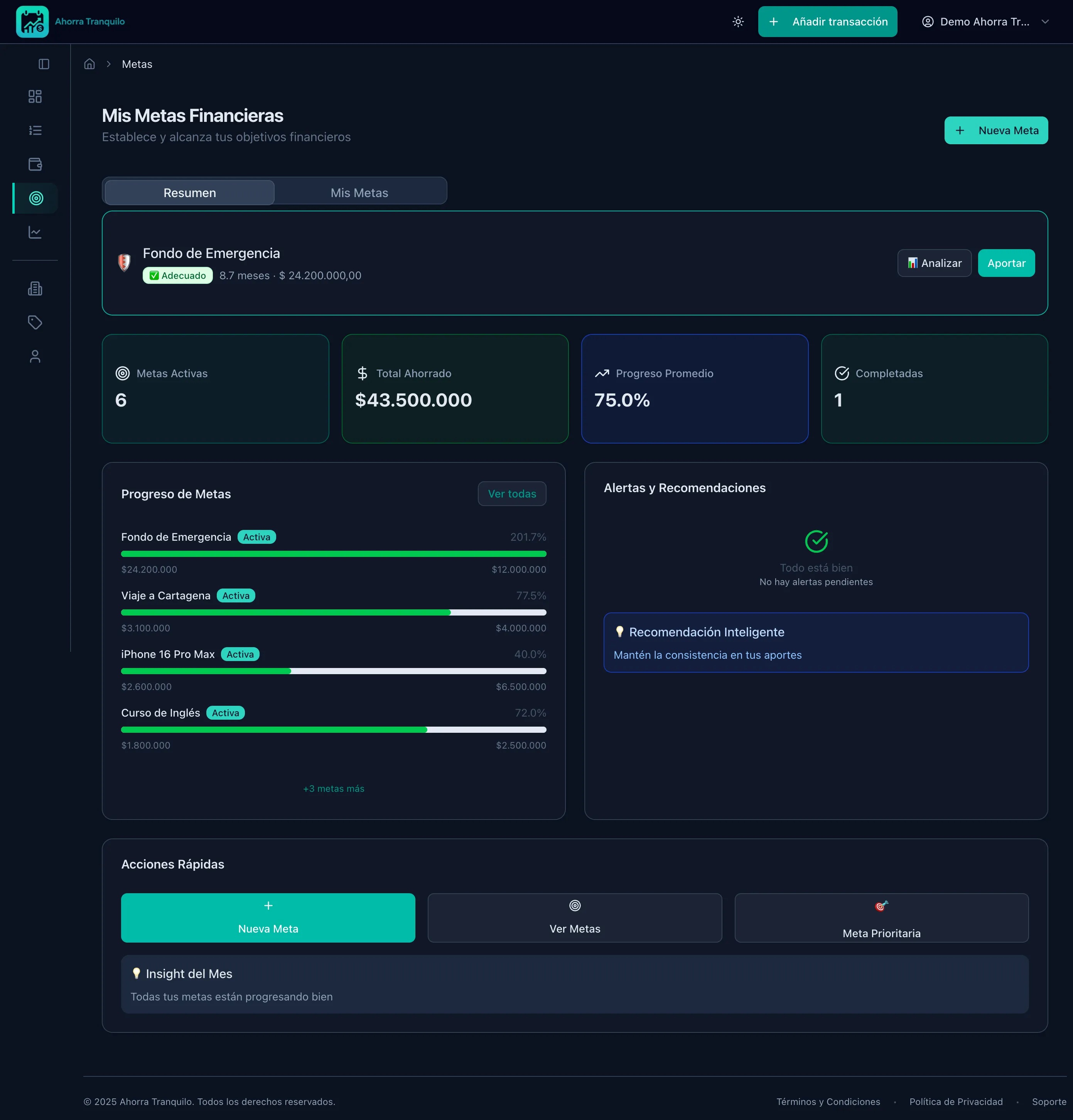 Vista de metas de ahorro con barras de progreso en Ahorra Tranquilo
