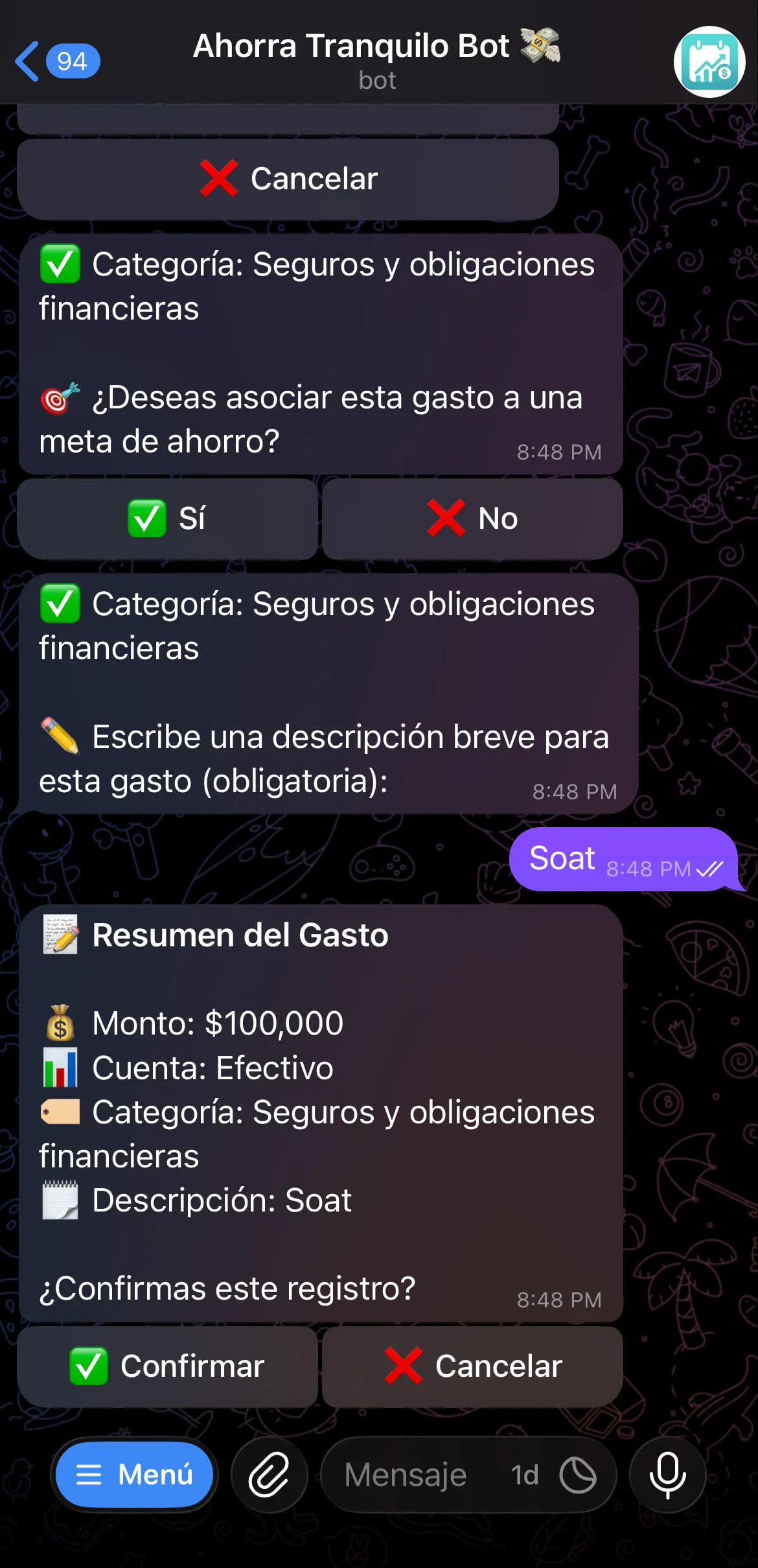 Flujo de registro de gasto en el bot