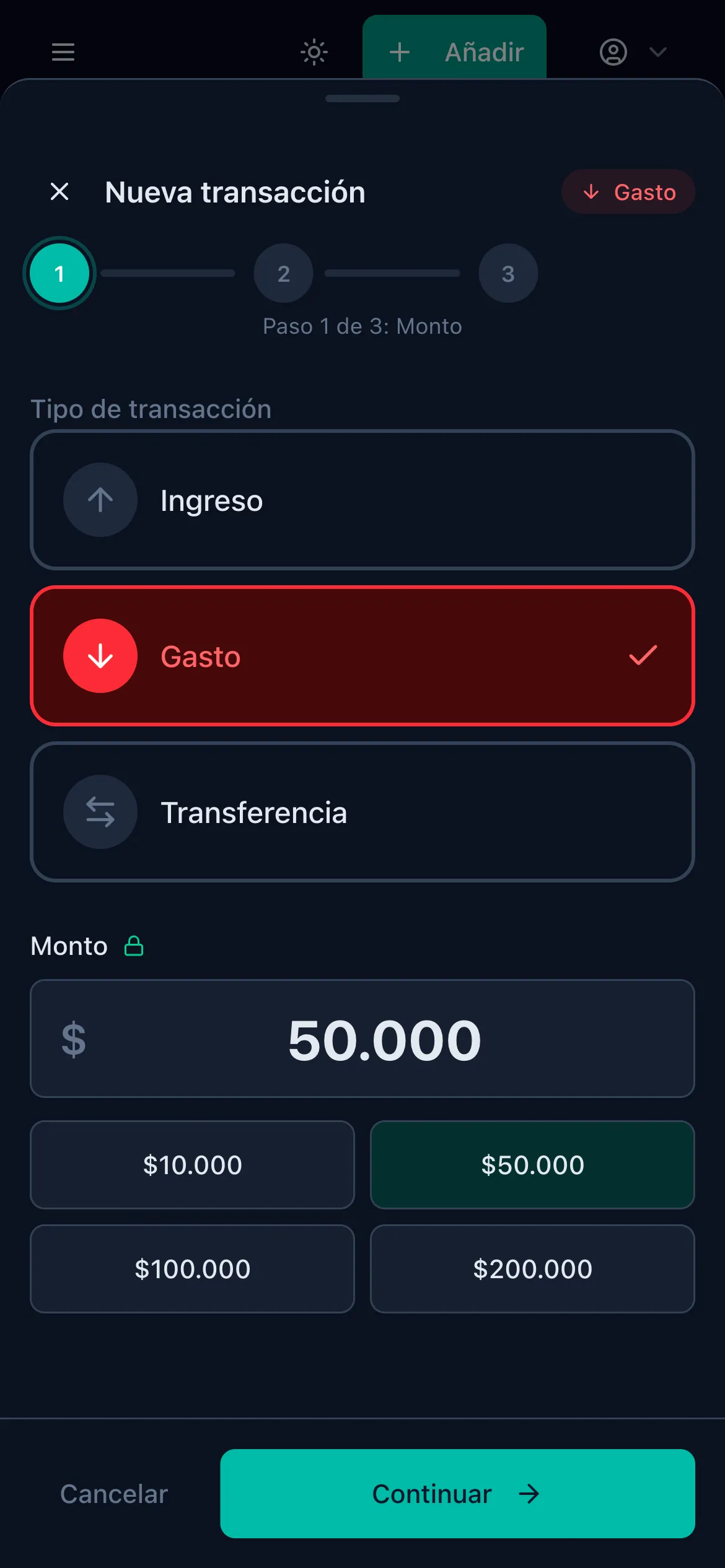Formulario de registro de gasto en Ahorra Tranquilo