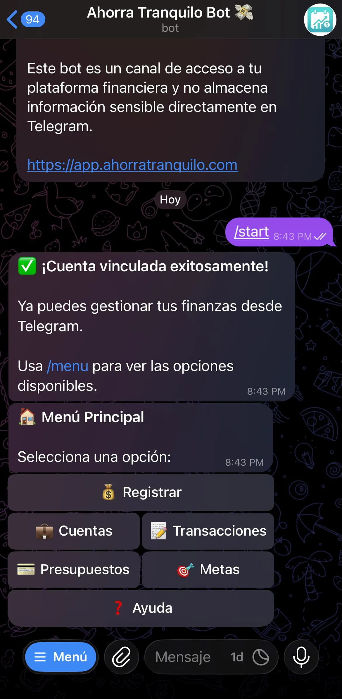 Conversación con el bot de Telegram de Ahorra Tranquilo